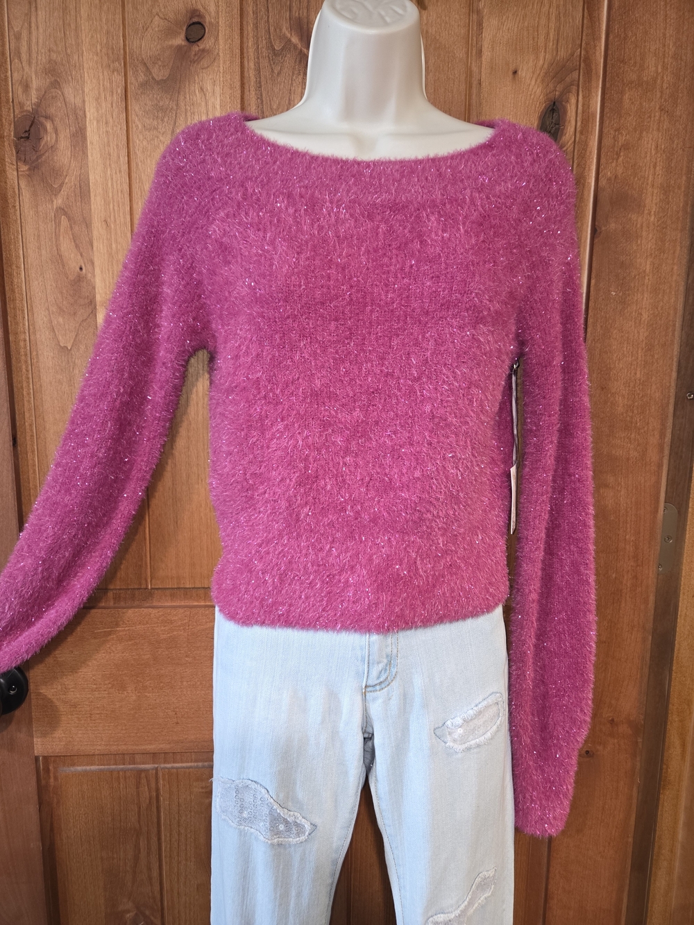 Happily Grey Cozy Fuzzy Scoop-Neck Sweater in Vibrant Pink‎